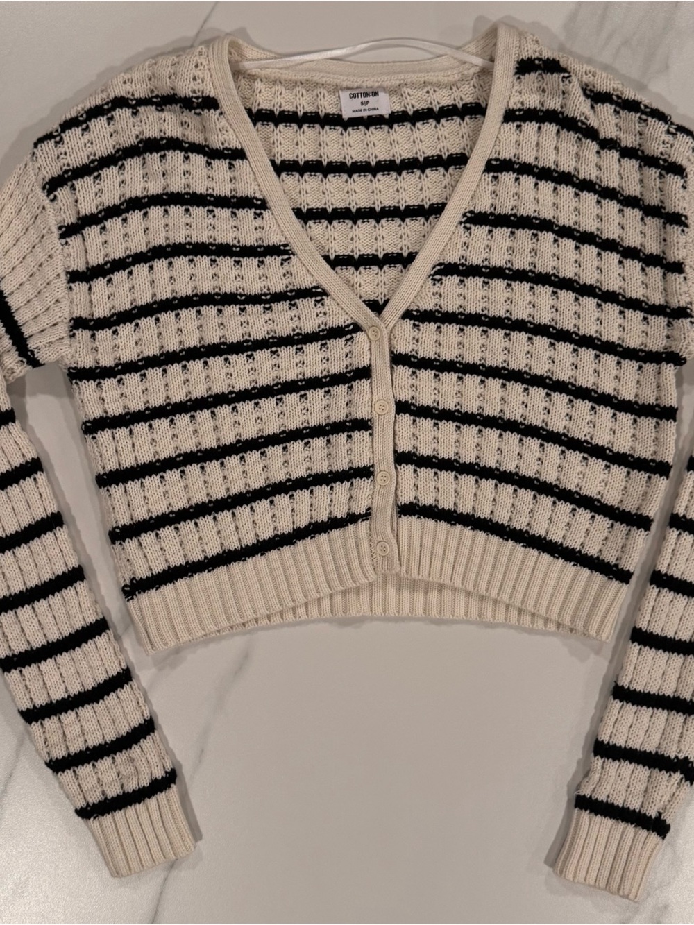 Cotton On Cream and Black Striped Cropped Button-Up Cardigan